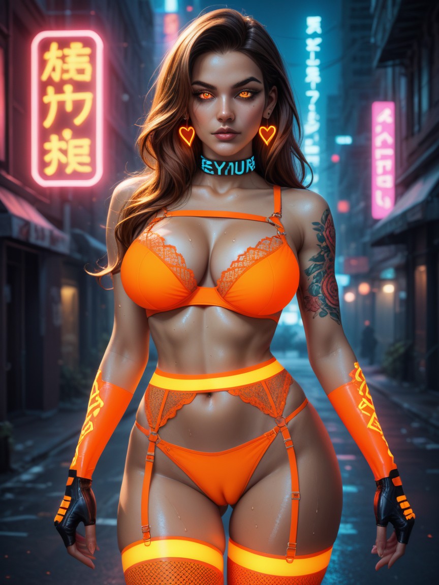 Standing, Orange Glowing Eyes, Neon Writing Arms Glowing AI Porn