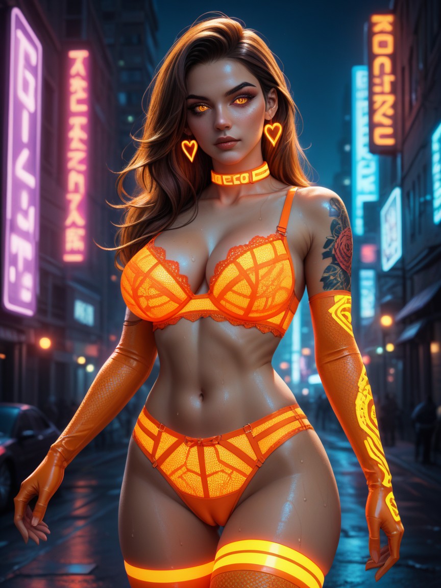 Neon Tattoos All Over Body Glowing, Nylon Gloves, Looking At The Viewer AI Porn