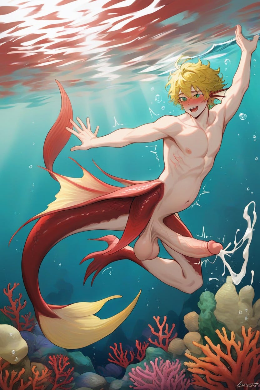 Human Torso, Swimming Underwater, Dark Green Eyes AI Gay Porn
