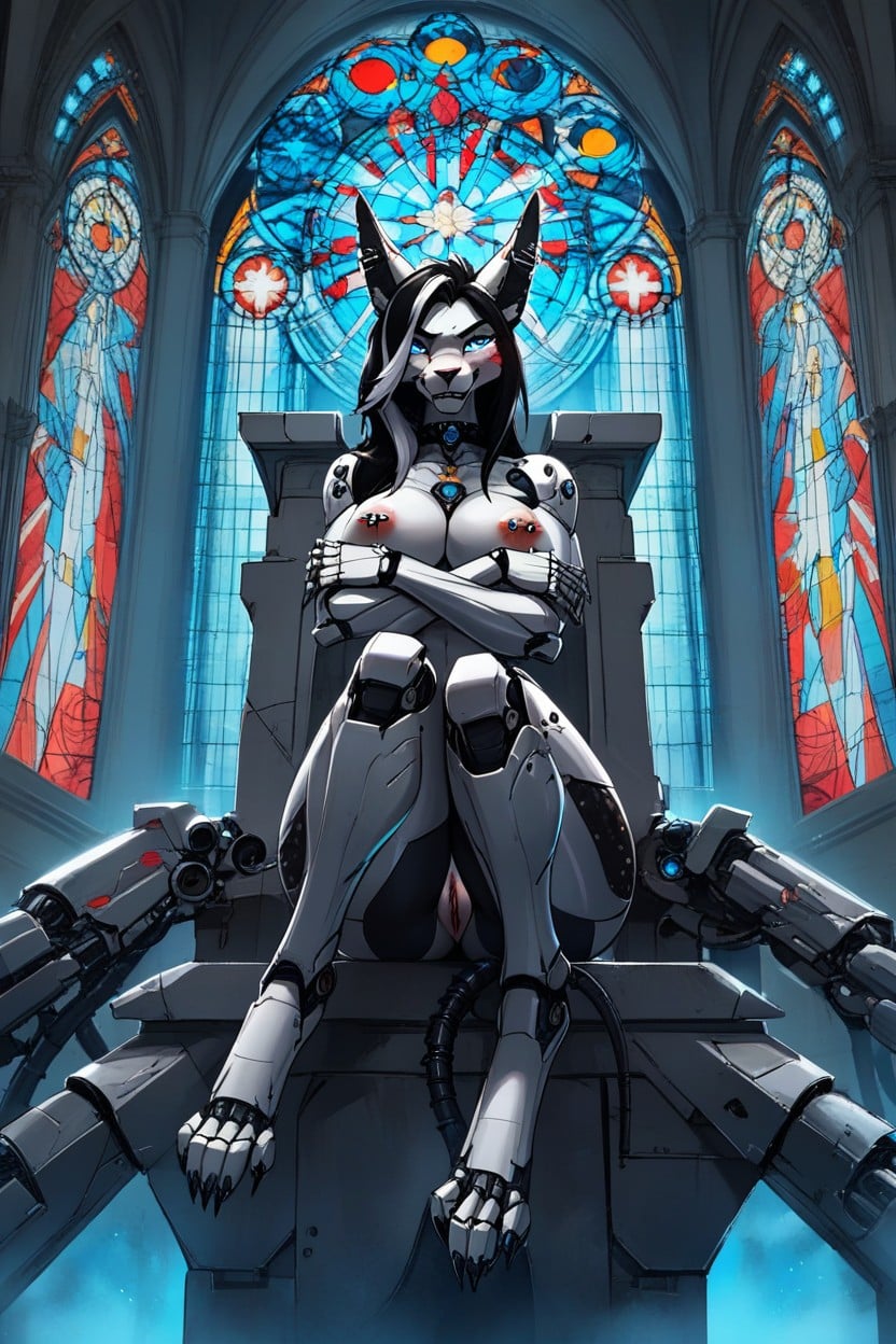丸い胸, 正面図, Sitting On Mechanical Throne In A Futuristic Church ファーリーAIポルノ