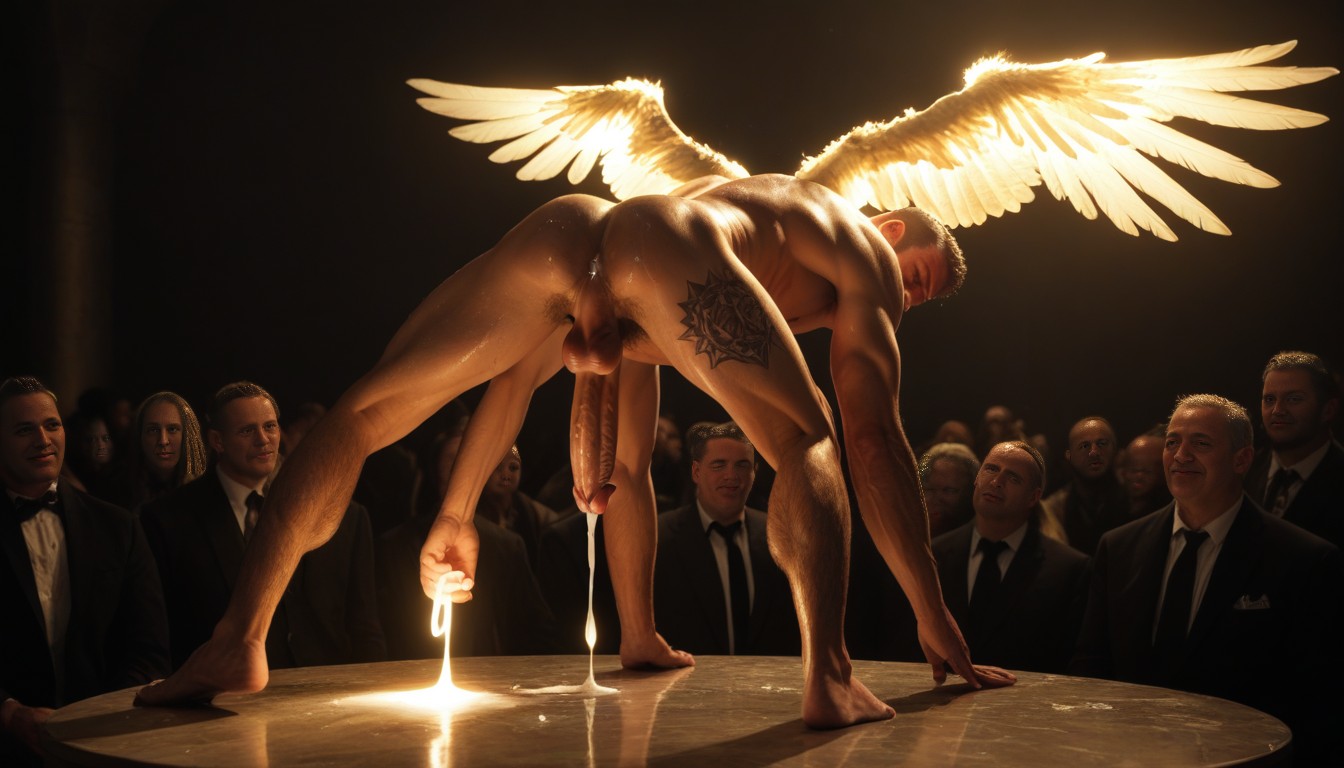Cinematic, One Angel Bent Over A Glowing Altar, Cumshot AI Gay Porn