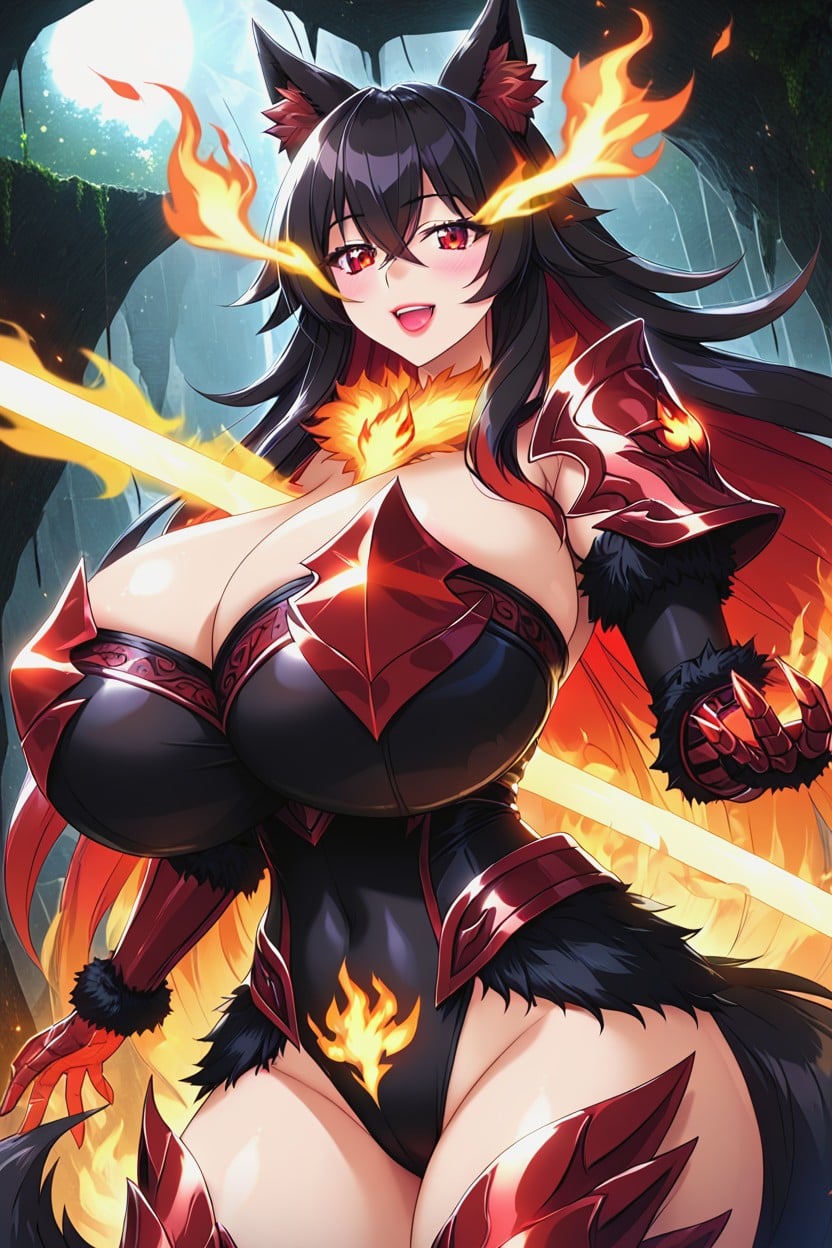 Holding Fiery Sword, Furry Ears, In A Cave Hentai AI Porn