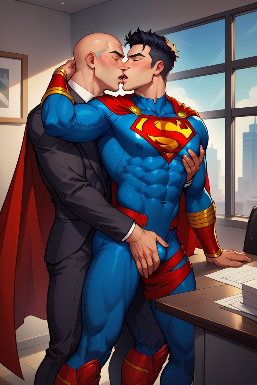 Touching Crotch, Kissing, Blue Bodysuit AI Gay Porn