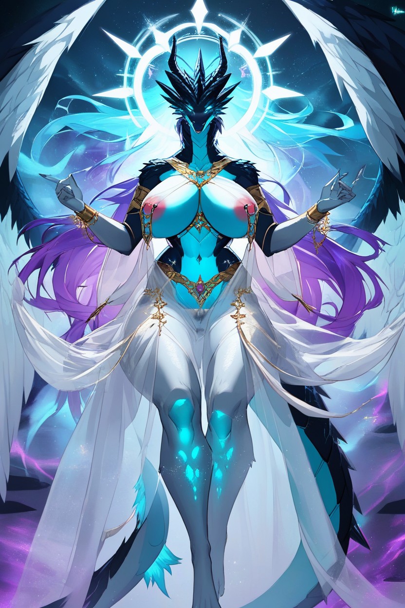 18+, Glowing Ethereal Teal Wing Tips, Glowing White And Teal Orbs Furry AI Porn