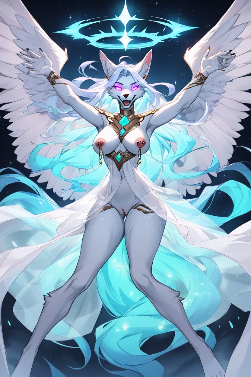 Gaped Holes, Glowing Ethereal Teal Wing Tips, Rolling Eyes Furry AI Porn