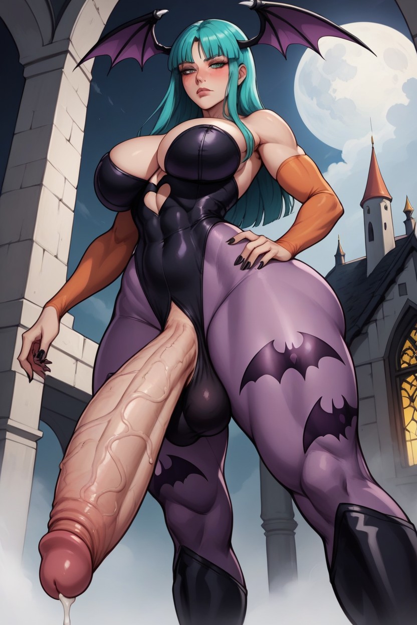 Black Latex Leotard, Black Gothic Castle Background, Fit Hentai AI Porn