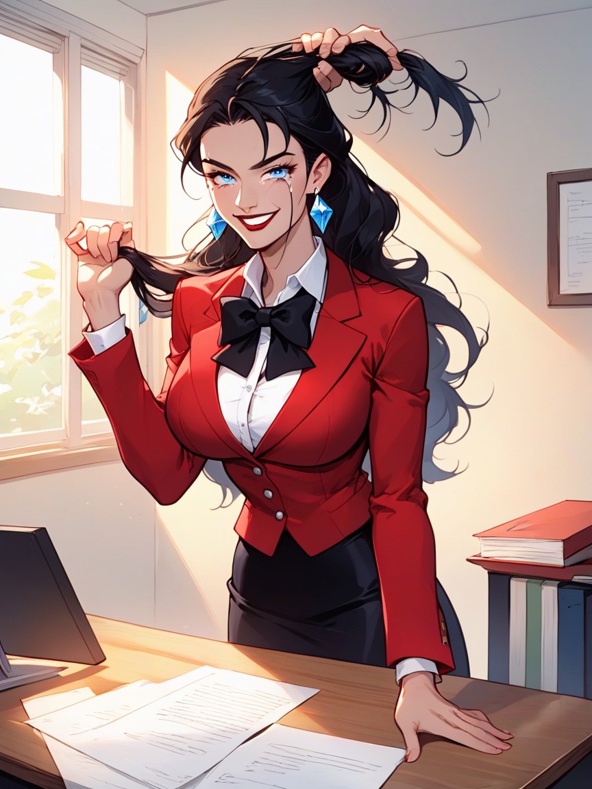 Long Wavy Black Hair, Sharp Eyeliner, Happy Crying Hentai AI Porn