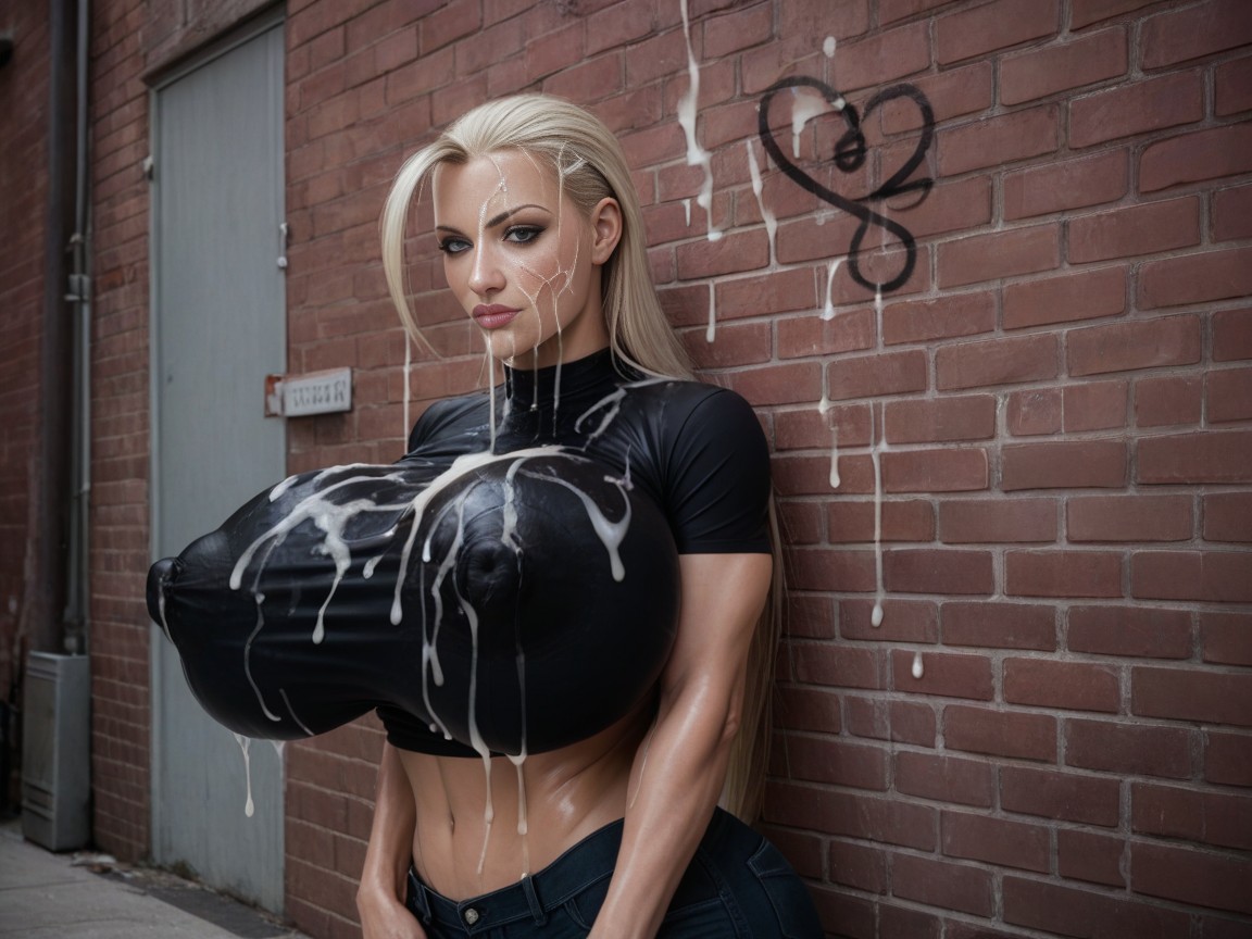 Nipples Leaking Lots Of Thick Chunky Cum, Cum Splattered Wall, Breasts Fully Covered AI Porn