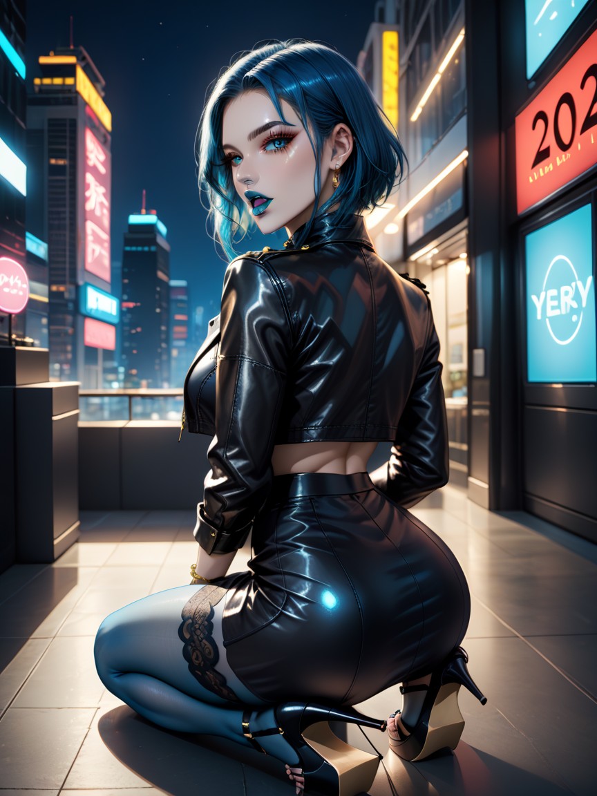 Blue Lipstick, Neon Lights, Black Cropped Leather Jacket AI Porn