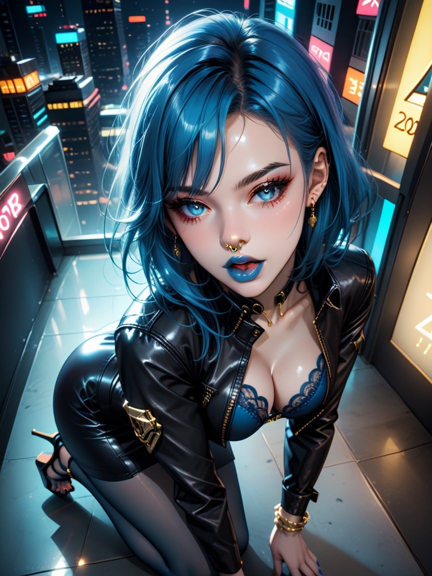 Blue Pantyhose, Blue Bra, Black Cropped Leather Jacket AI Porn