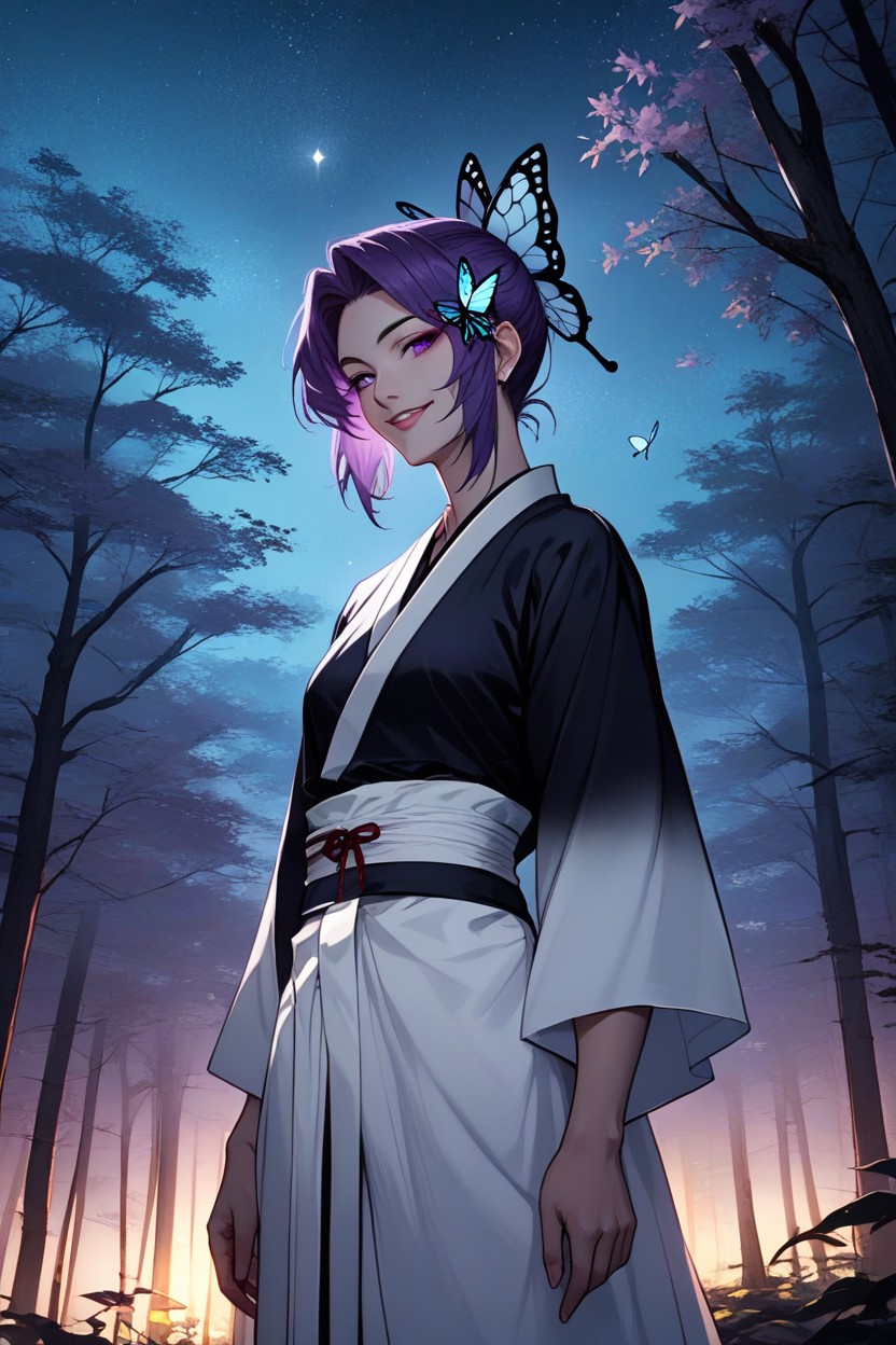 Standing In Purple Tree Forest, Dressed Body, Pale Skin Hentai AI Porn