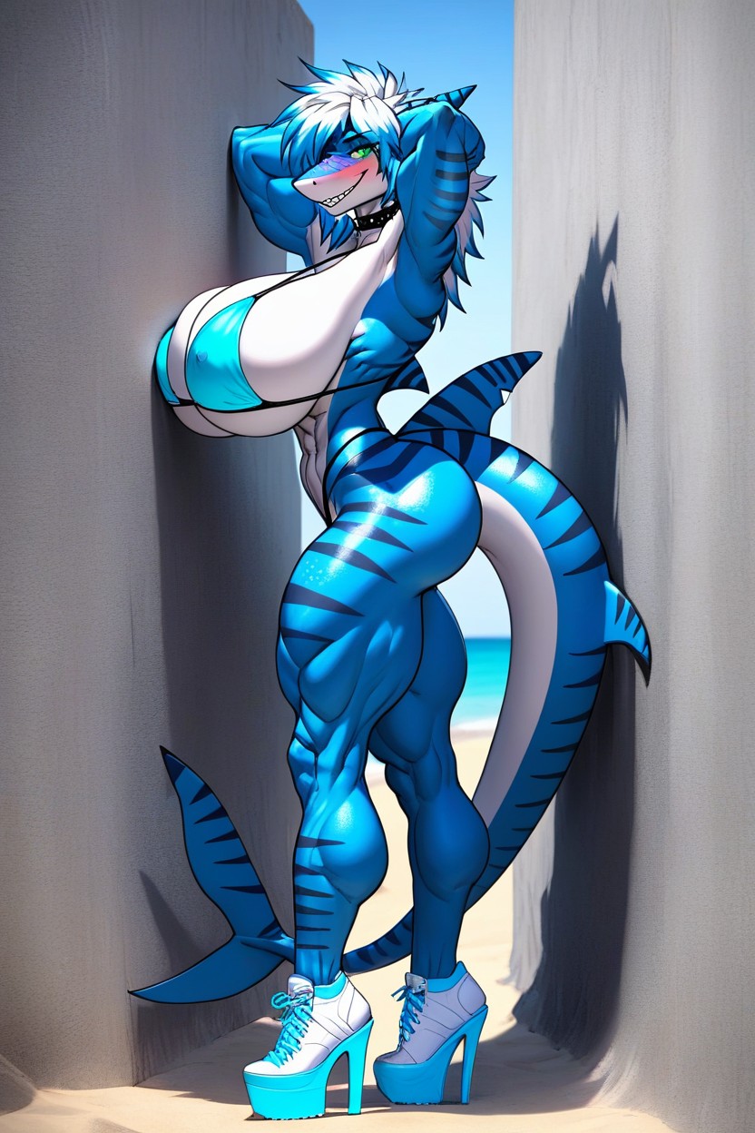 Muscular Body, Shark Tail, Underboob Furry AI Porn