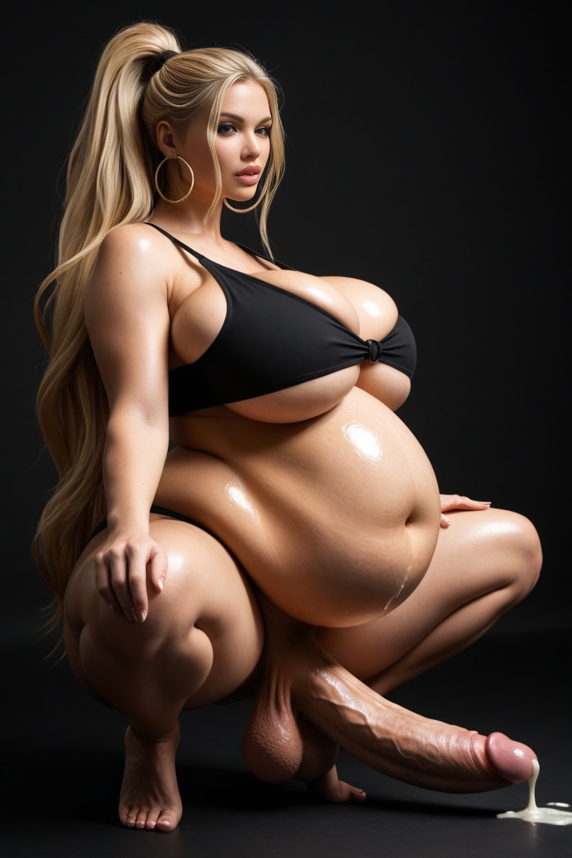 Hyper Wavy Hair, One Hand Squeeszing Fat Belly, Creampie Shemale AI Porn