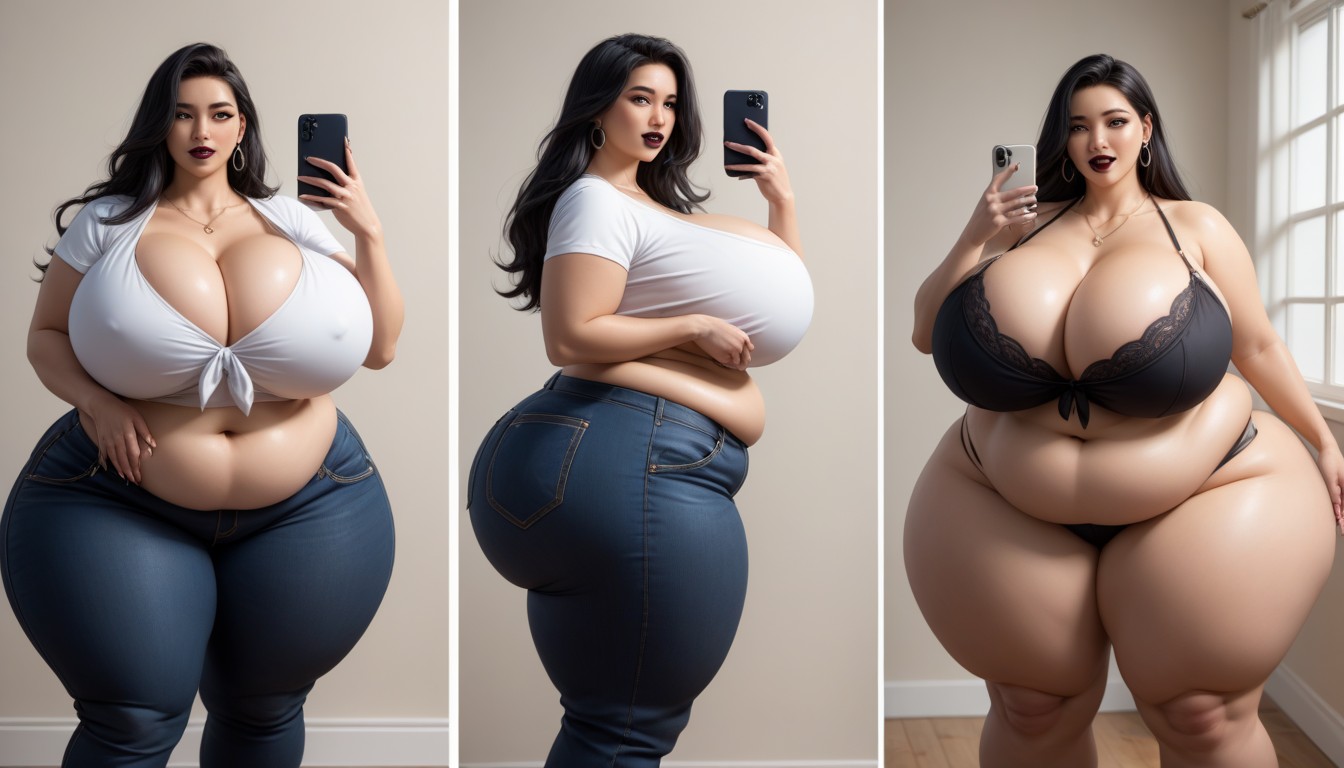 Gothic, Hyper Fat Thick Curvy Fuller Figured Asian American College Woman, Cleavage BBW AI Porn