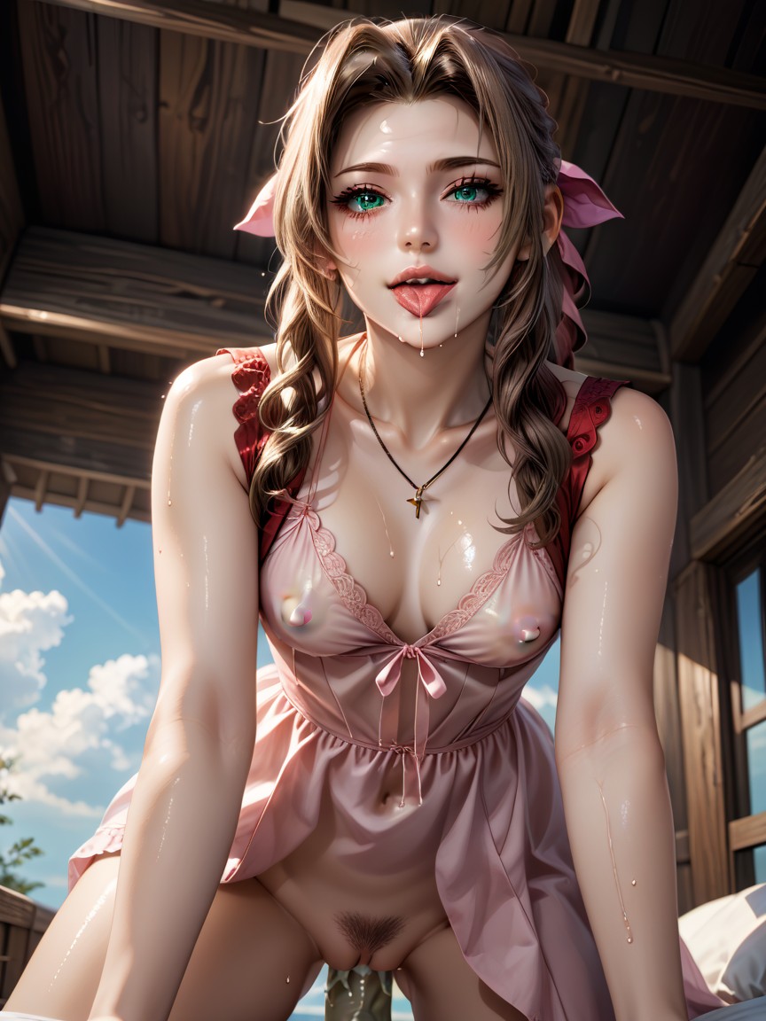 Wearing Pink Slit Chemise Dress, Detailed Face, Full Lips Hentai AI Porn