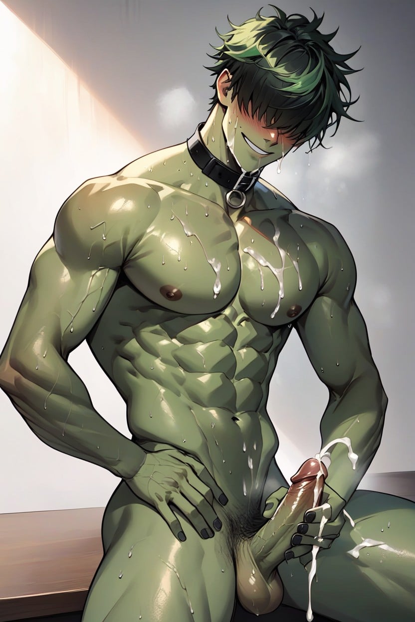 One Person, Dark Green Hair, Bangs AI Gay Porn