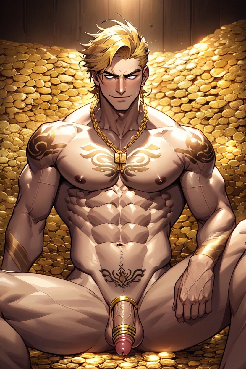 Cock Chastisty Cage, Gold, Gold Skin AI Gay Porn