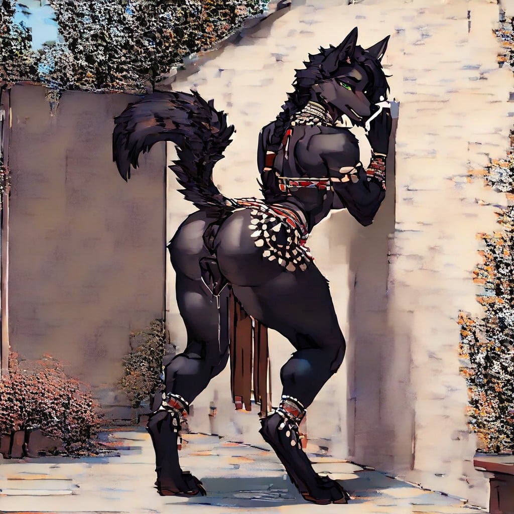 Bending Over Leaning On Wall, Fem Face, Black Fur Furry AI Porn
