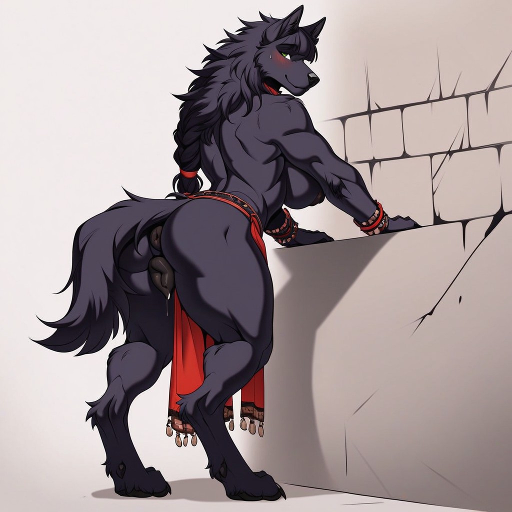 Bending Over, Leaning On Wall, Black Fur Furry AI Porn