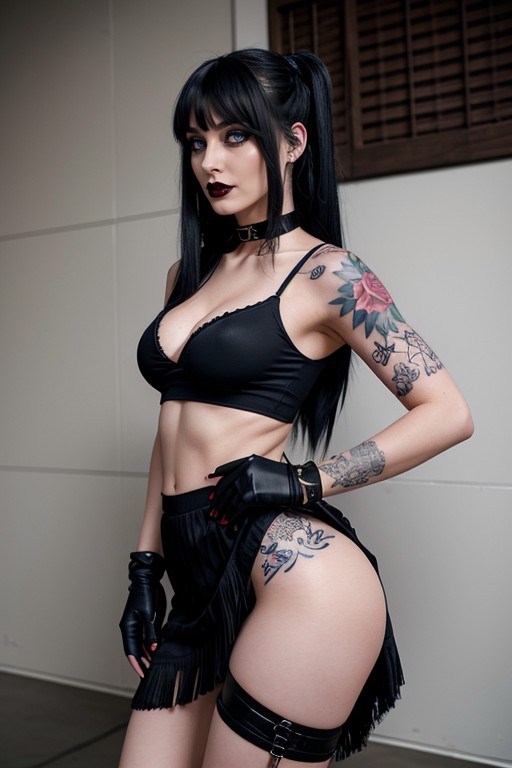And Extreme Abundant Goth Frontal Bangs And Side Bangs, Arms Behind Back, Long Black Hair With Long Side Straight Twin Tails AI Porn