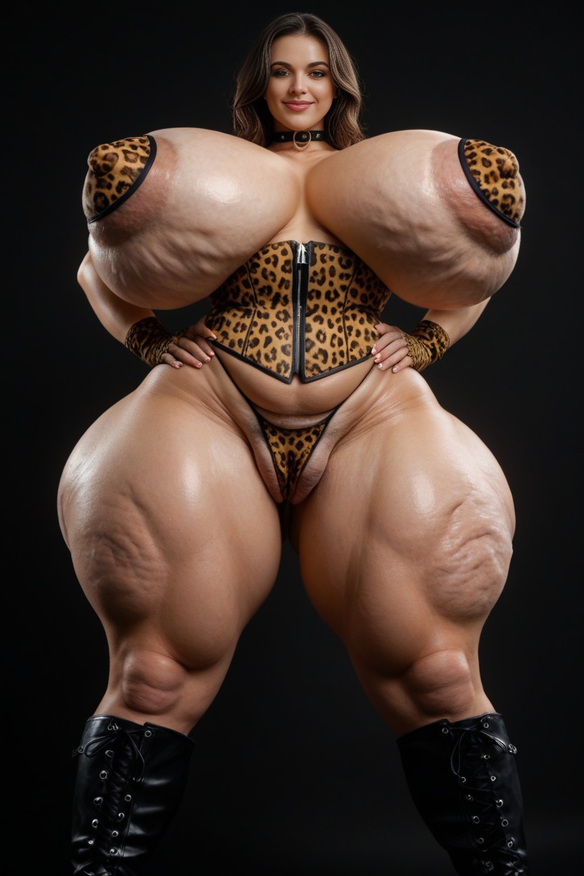 Leopard Print Thigh High Boots, Leopard Print Satin Underbust Bra, Shortlength Hair AI Porn