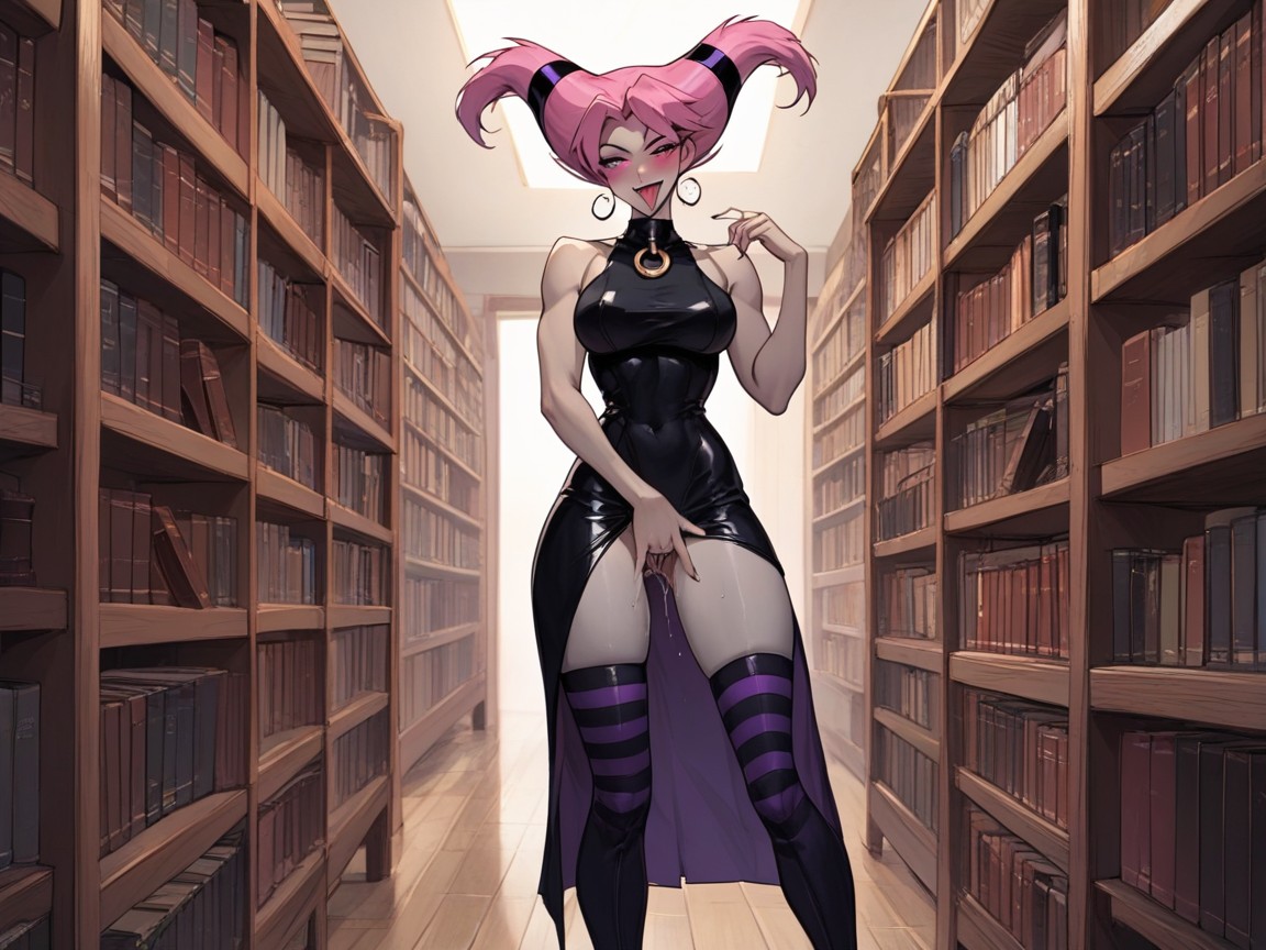 Library, Orgasm, Black Dress AI Porn