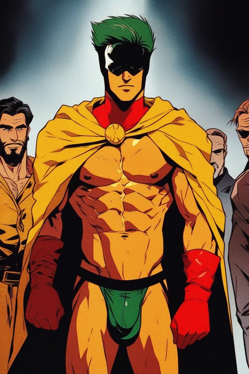 Black Blindfold And Yellow Cape, Fetish Comic Style, Like Robin From Batman AI Gay Porn