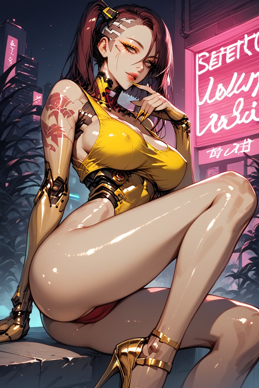 Gold Neon Nails, Hair Between Eyes, Long Nails Hentai AI Porn