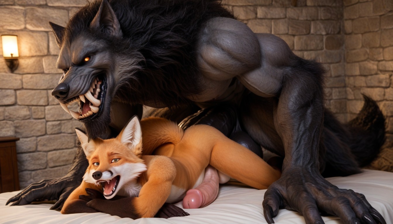 Orange Fur, Fox Furry Body Hangs Impaled In The Middle Of The Colossal Cock, Colossal Werewolf AI Gay Porn