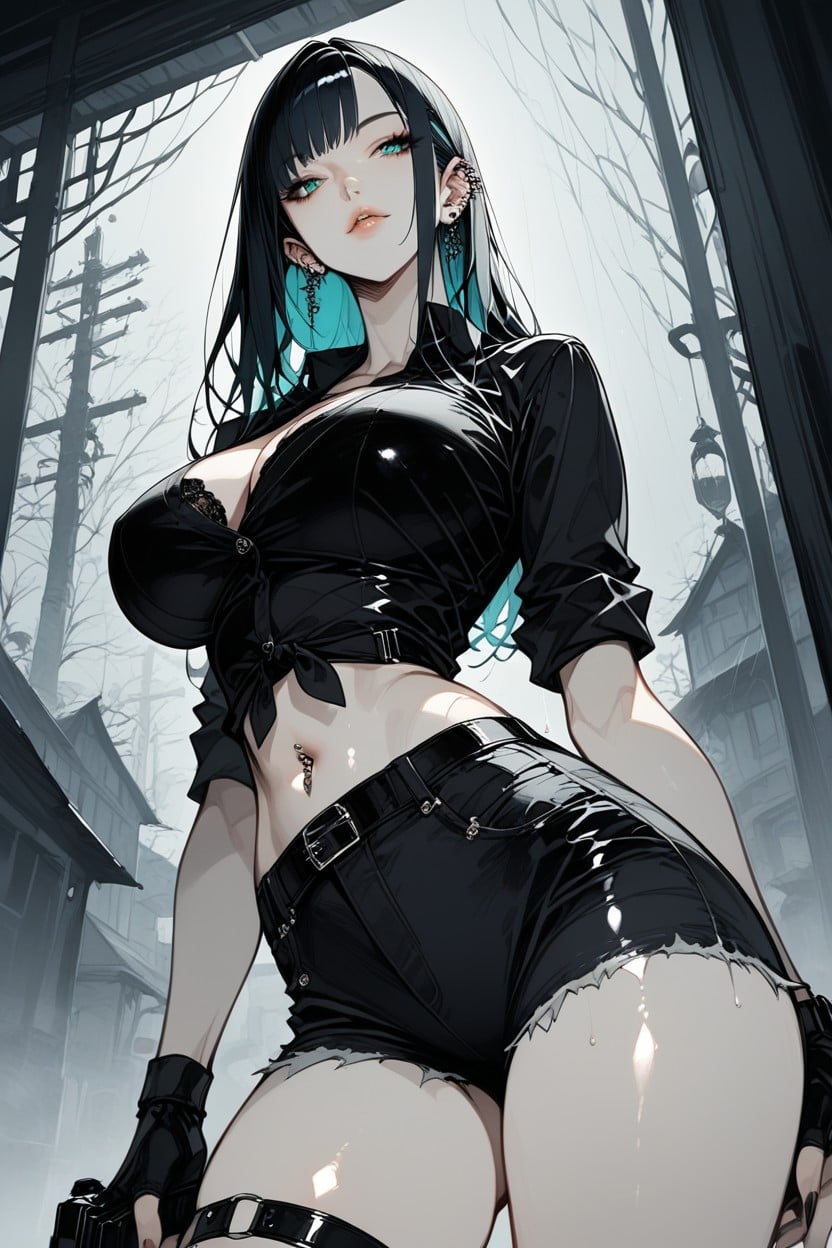 Low Waist Black Jeans Shorts, Abandoned Town, Belly Exposure Hentai AI Porn