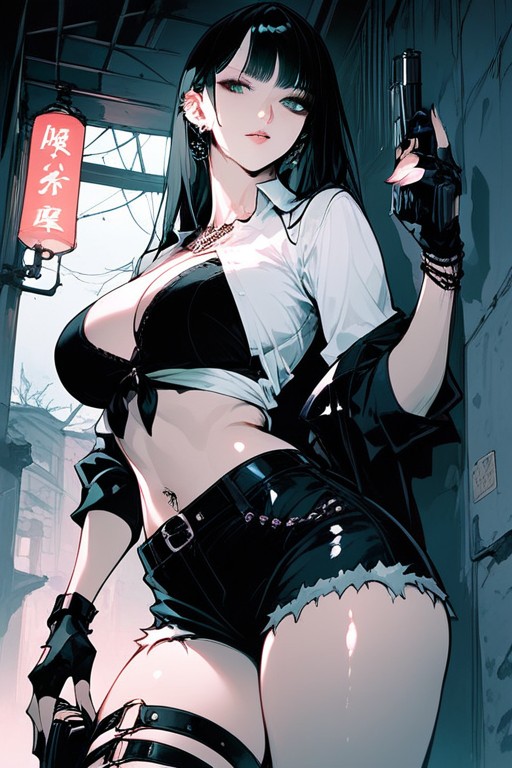 Deep Teal Eyes, Cyberpunk City, Black Fingerless Gloves Hentai AI Porn