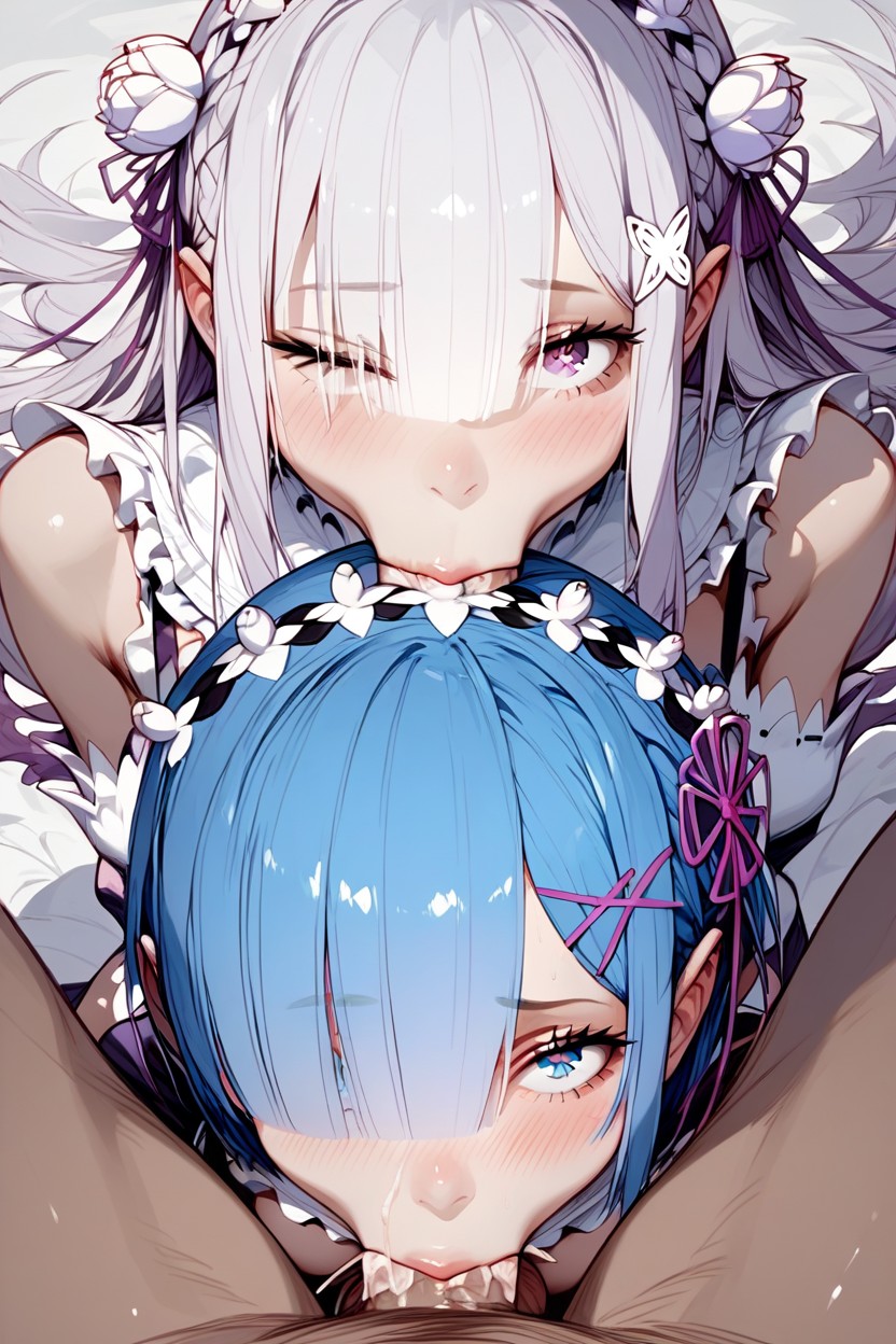 Rem Holding The Head Of Emilia, Heart Eyes, Emilia Silver Hair Hentai AI Porn