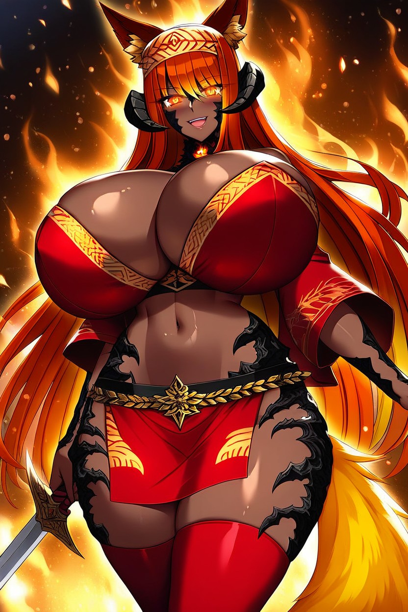 Red Open Kimono With Sakura Pattern, Exposed Stomach, Huge Fiery Fox Tail Ebony AI Porn