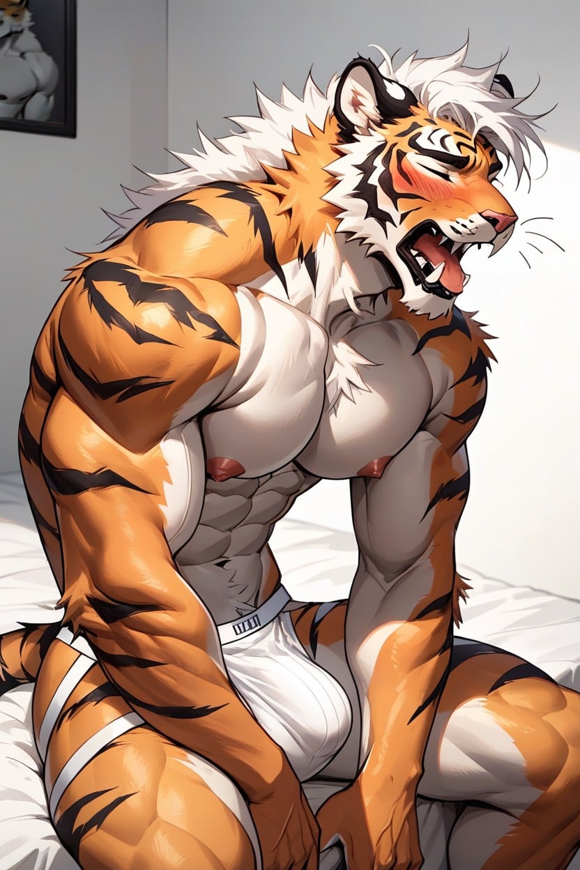 Closed Eyes, White Background, Hyper Muscular Furry AI Porn