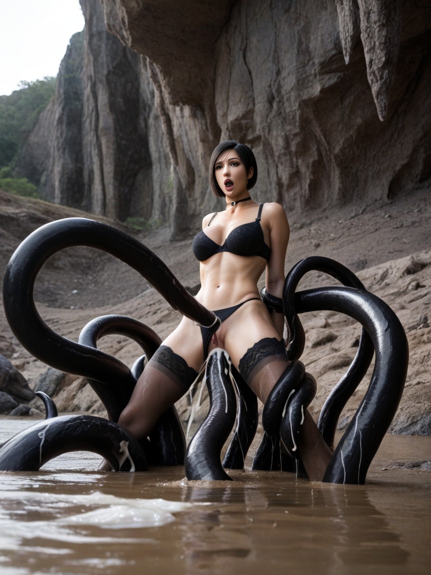 Many Thick Massive Black Tentacles Around The Thighs, Quicksand, Monster AI Porn