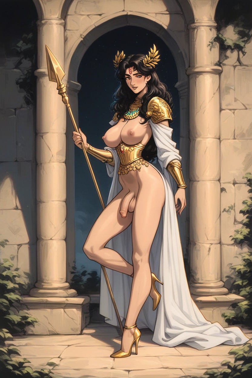 Marble Statues Behind, Naked, Luxury Gem Golden Necklace Shemale AI Porn