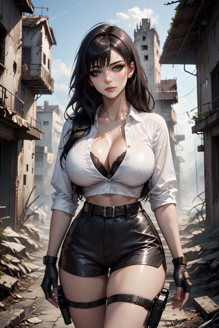 Black Hair, Crop White All Unbuttoned Shirt Pocketless, Abandoned Town Hentai AI Porn