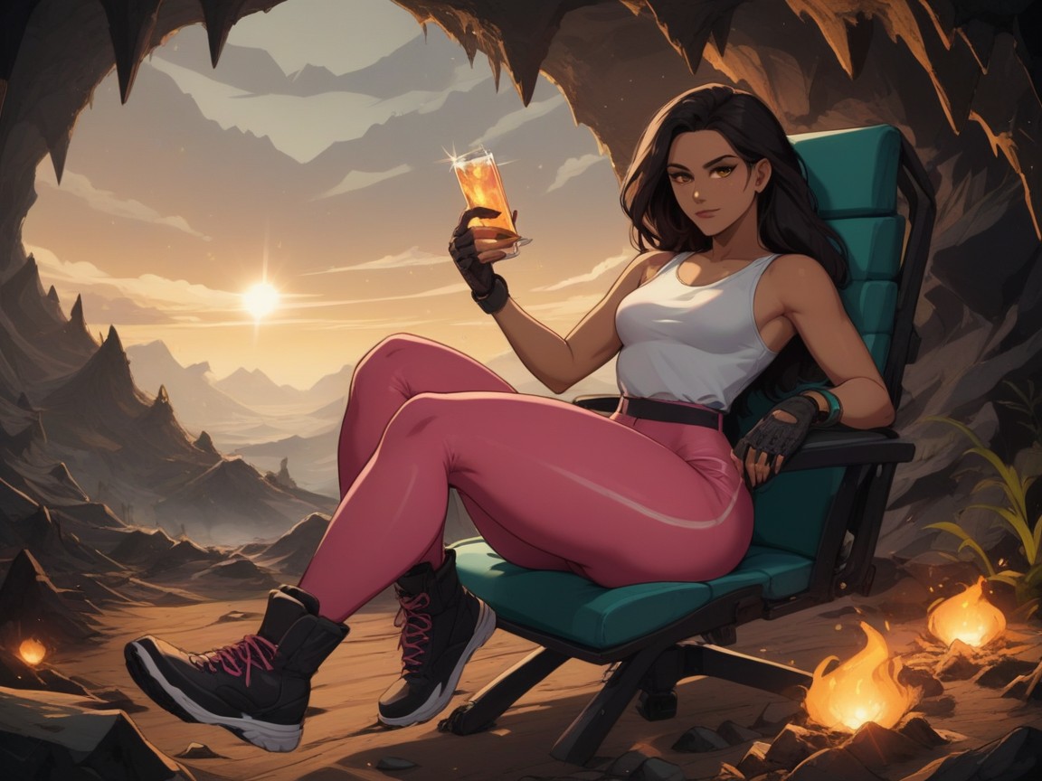 Woman Holding Glass, White Sheer Leggings, Cave Walls In Distance Latina KI Porno