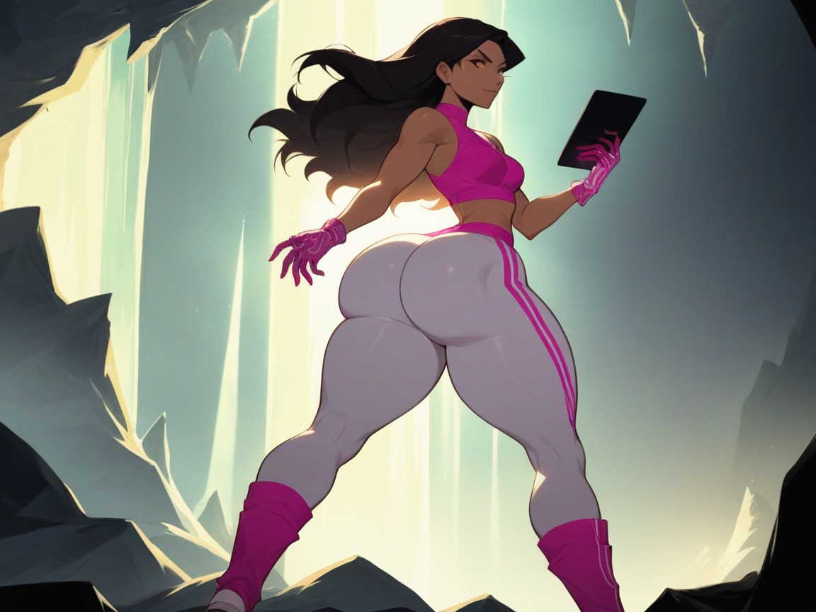 Sloped Shoulders, Tablet Device With Neon Pink Screen Illumination, High Breasts AI Porn