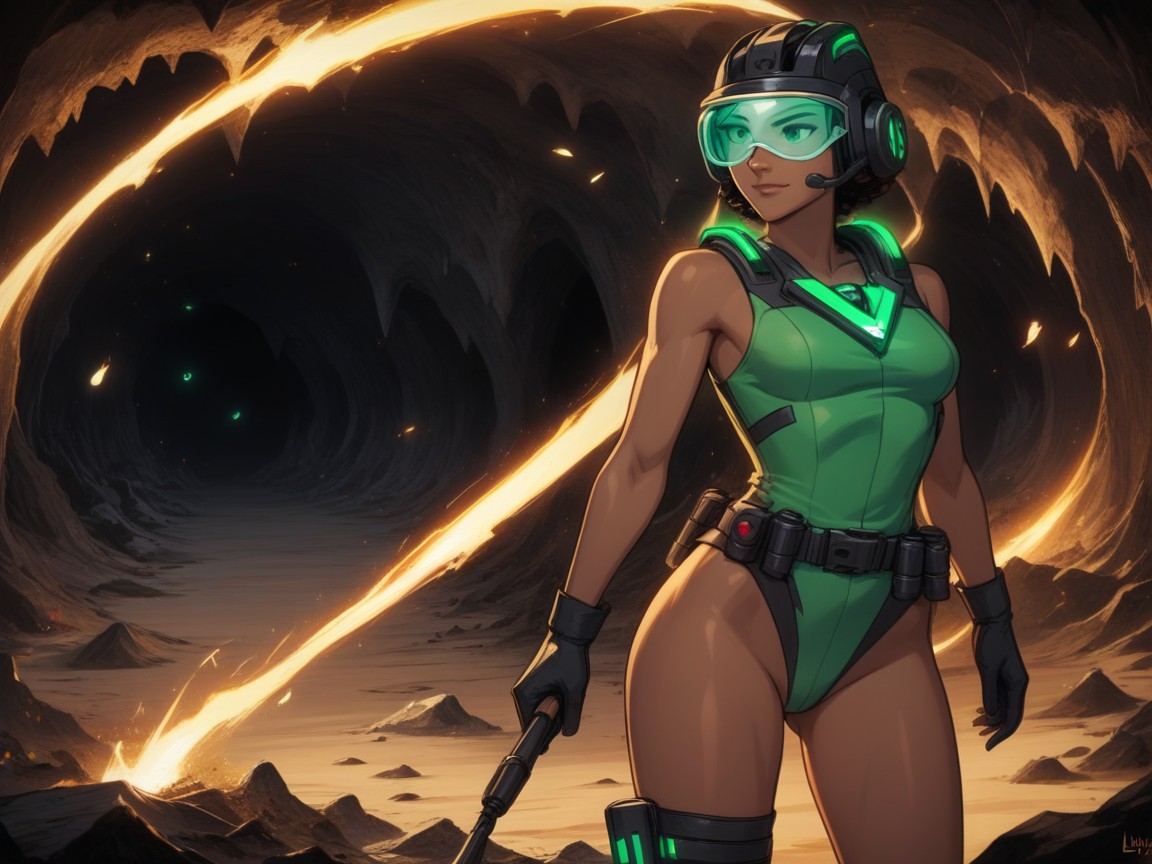 Miner, Wearing Green Explorer Clothes, Miner Helmet Porno latina IA