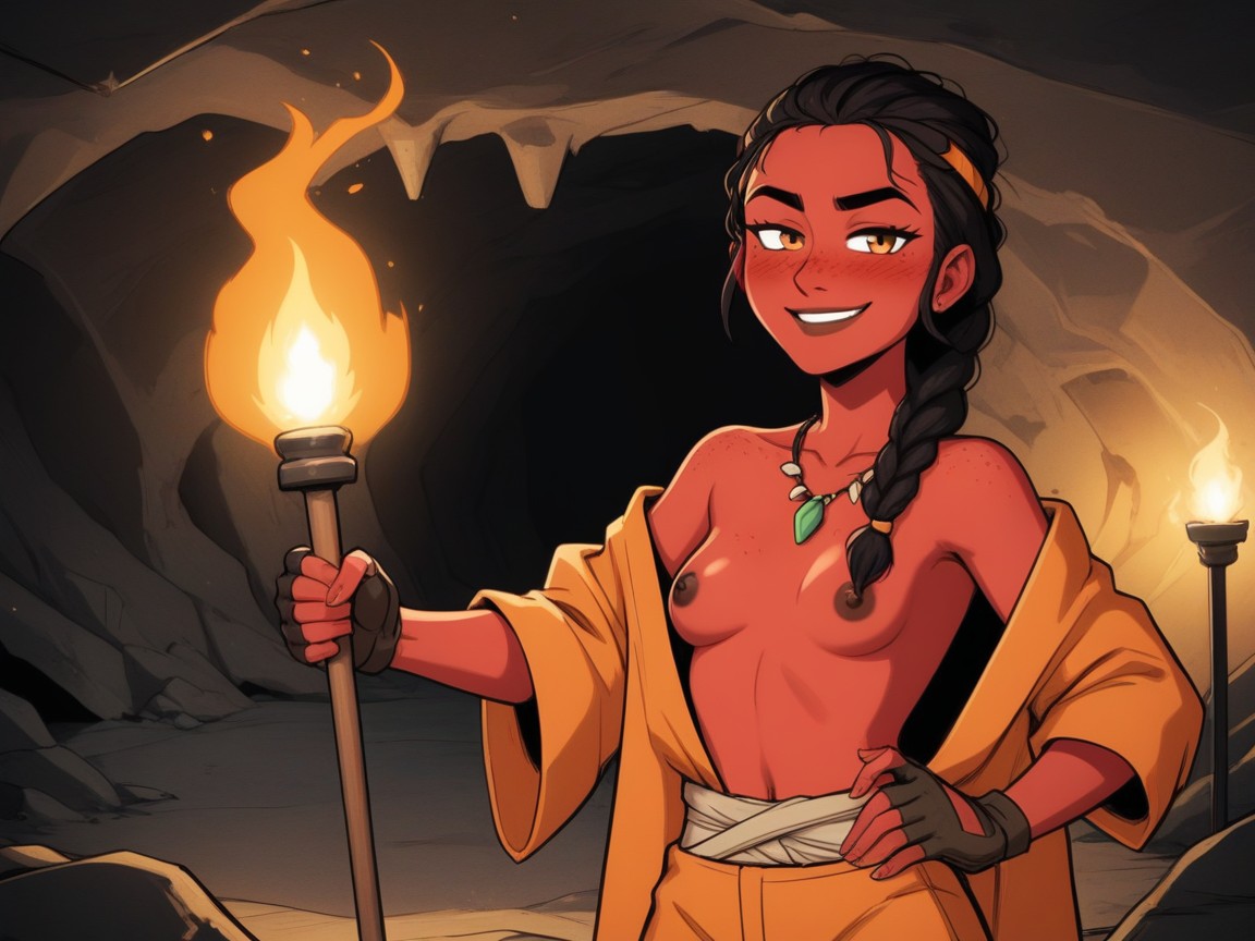 Rock Bridge Background, Orange Tribal Headband, Indoors Latina AI Porn