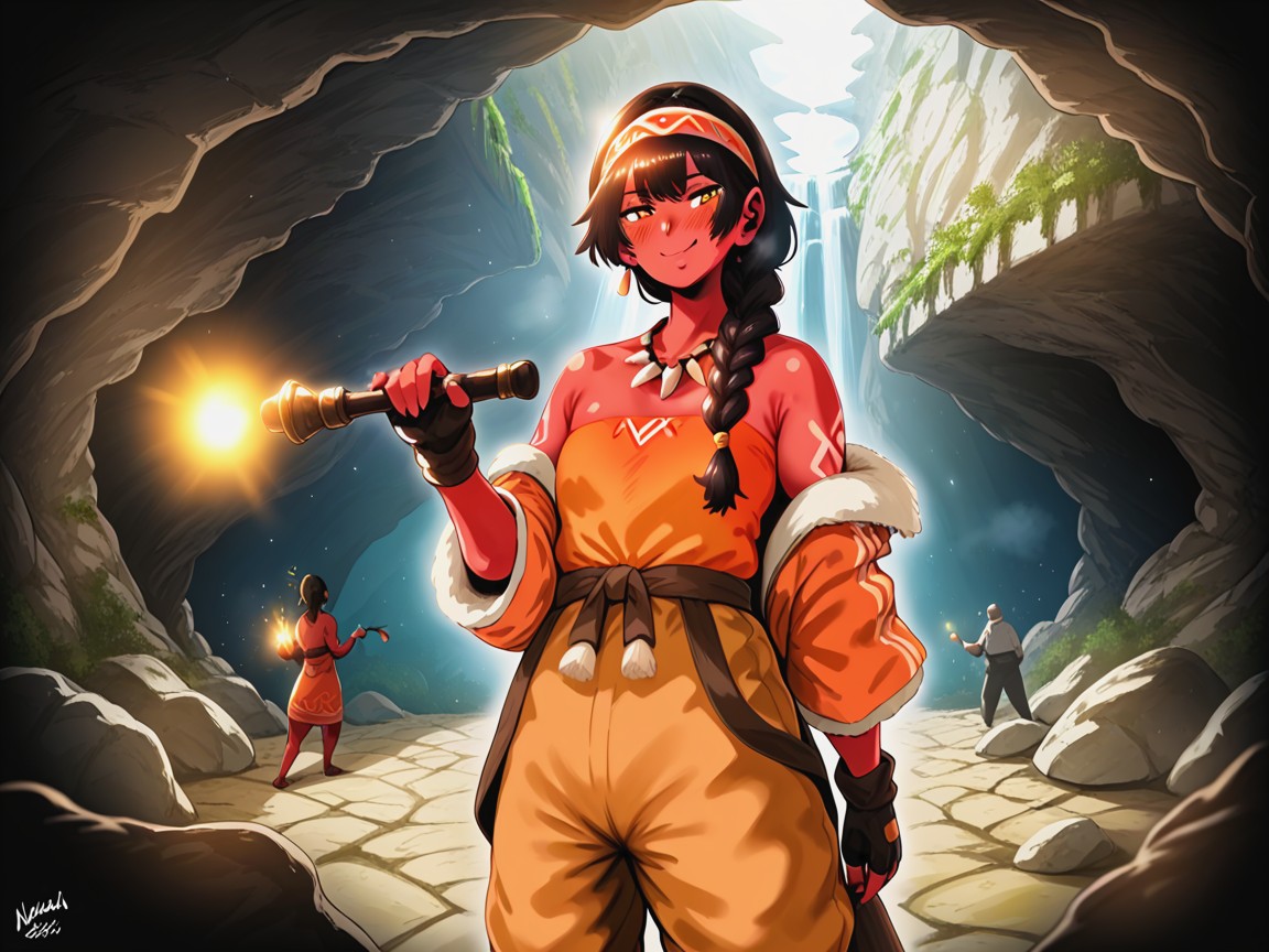 Woman Holding A Torch, Cave, Strong Wind Effects Hentai AI Porn