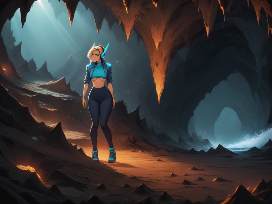 Agachándose, Hourglass Body Type, Cavern Background Porno latina IA