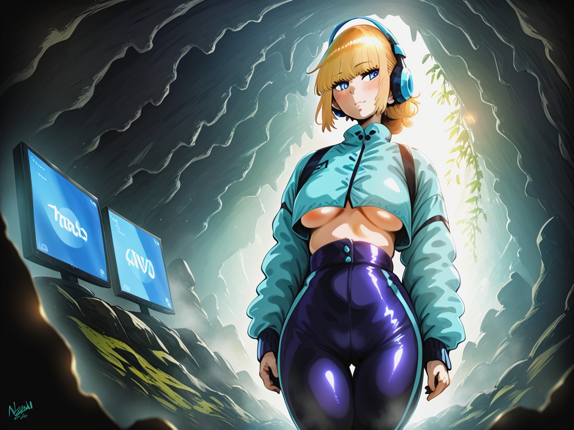 Neon Blue Computer Monitor, Hourglass Body Type, Layered Fog Hentai AI Porn