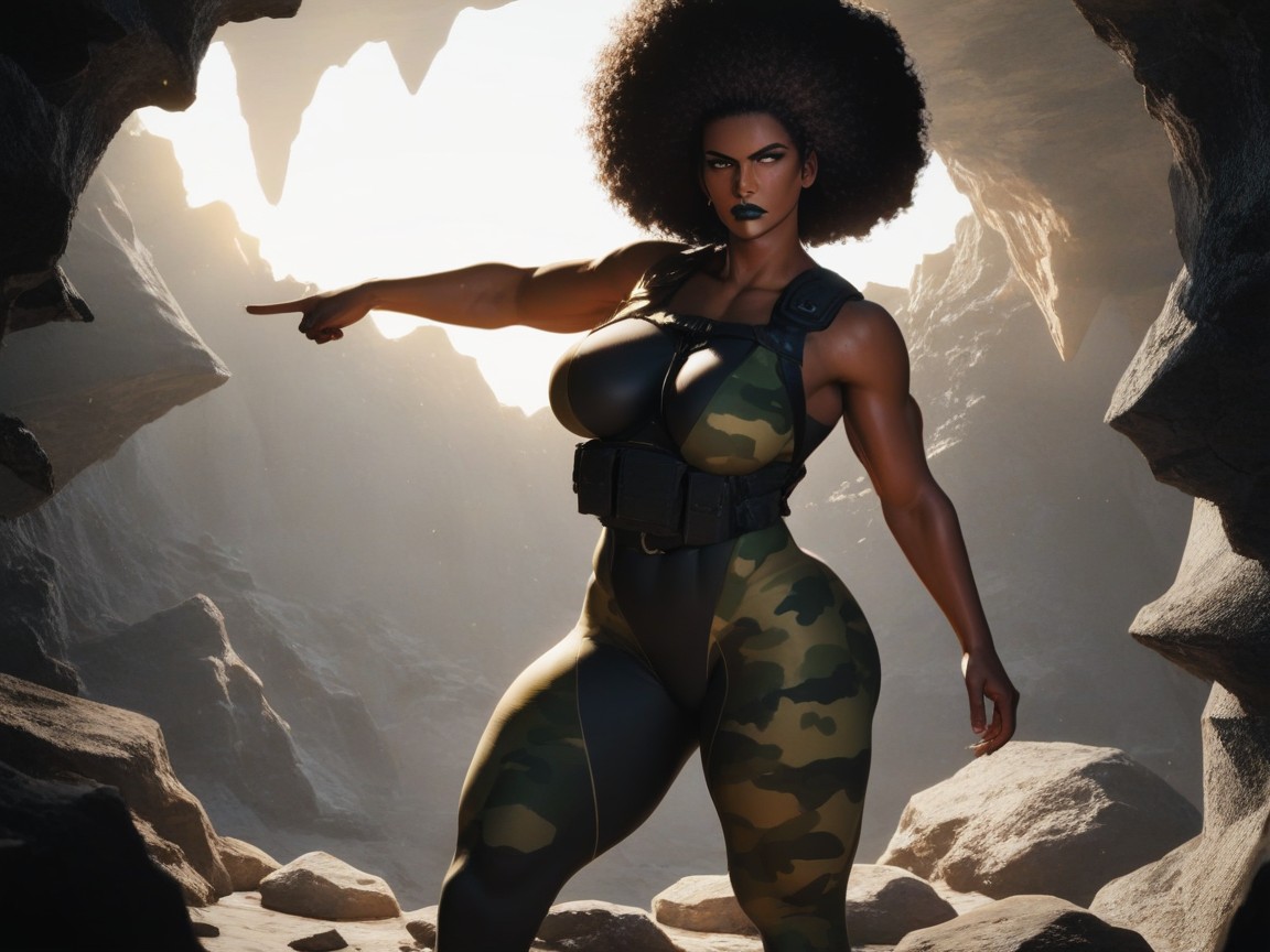 Long Breast Width, Tight Camouflage Combat Leggings, Partial Lighting AI Porn