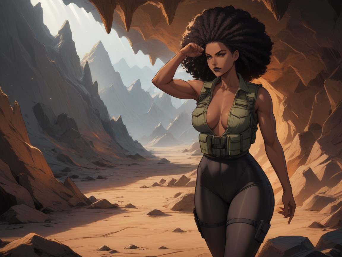 Cave, Serious Face, Muscular Latina AI Porn