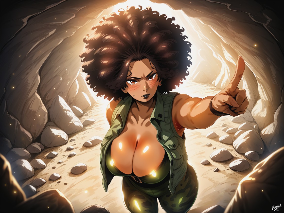 Falling Rock Particles, Boulder Background, Wearing Brown Explorer Clothes Hentai AI Porn