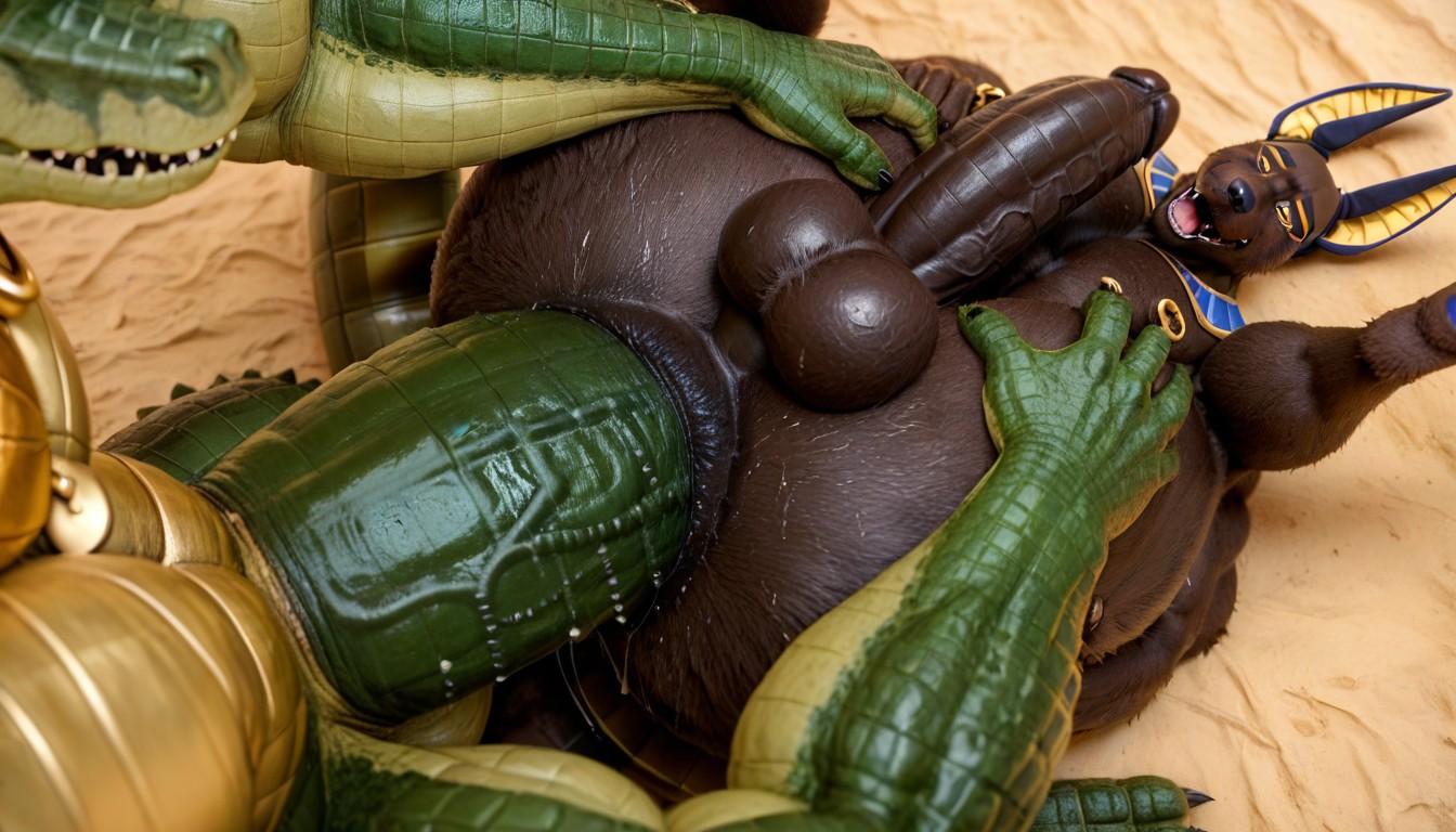 Muscular Creatur, Hard Moonlight From Above, Colossal Green Alligator With Extreme Massive Cock In Anubis Furry Ass AI Gay Porn