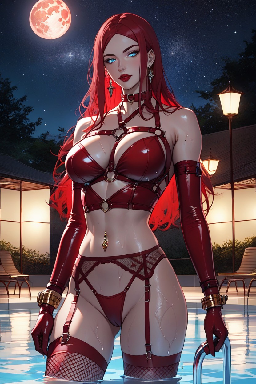 Red Choker, Red Bikini, Navel Piercing Hentai IA