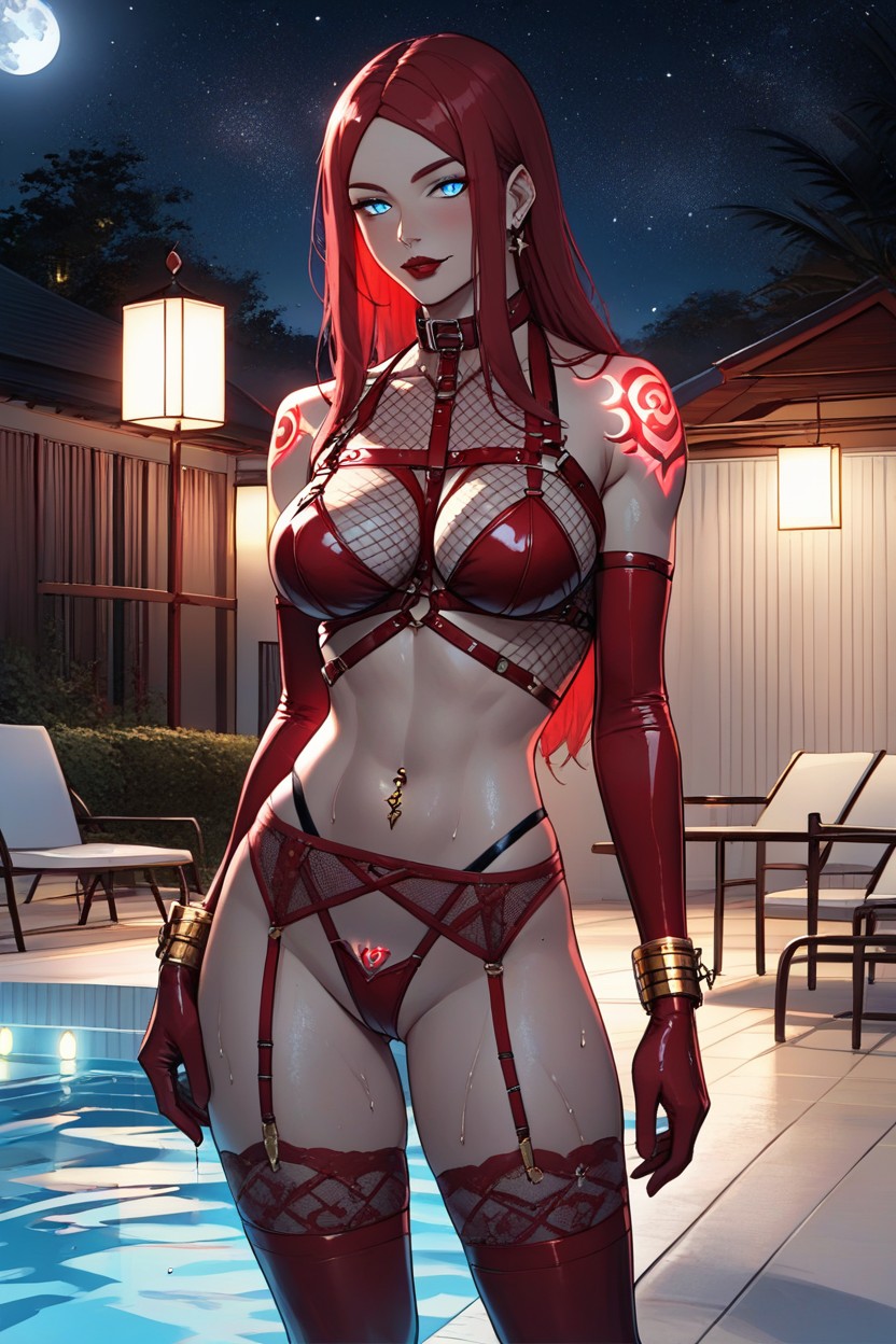 Pool Lights, Red Bikini, Navel Piercing Hentai AI Porn